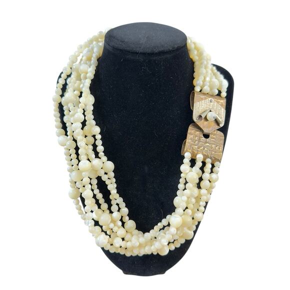 VTG Artisan Necklace Charlene Biesele Mother of Pearl Bead & Repousse Brass 20" - Picture 5 of 14
